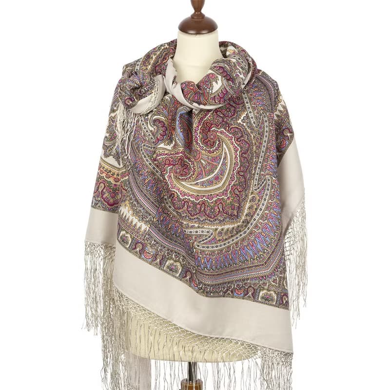 Pavlovo Posad Russian Shawl 100% Wool Scarf 148x148 cm Silk Fringe 1290-2