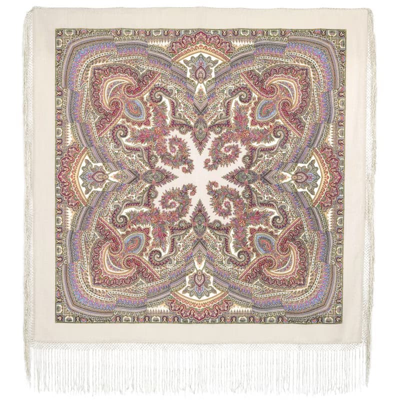 Pavlovo Posad Russian Shawl 100% Wool Scarf 148x148 cm Silk Fringe 1290-2