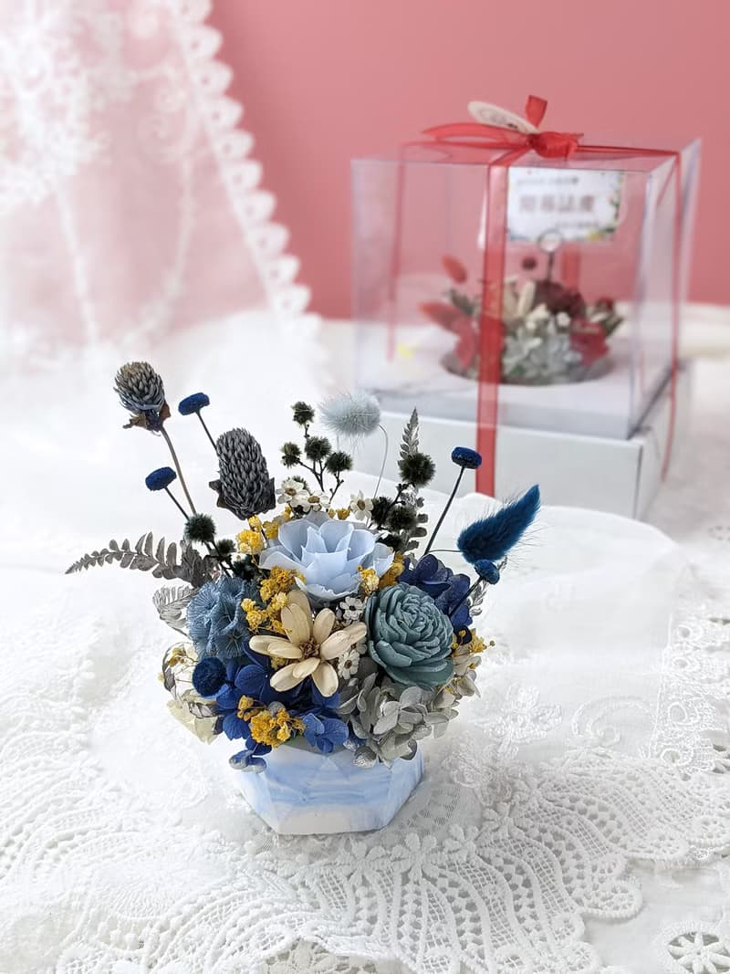 不凋永生玫瑰擴香小盆花-IKEA藍黃配色 聖誕禮物