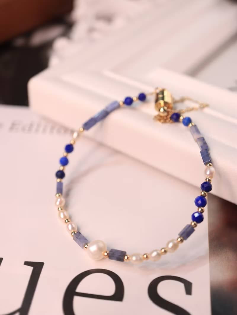 藍紋石 × 青金石 × 珍珠 | 優雅知性磁吸扣手鍊