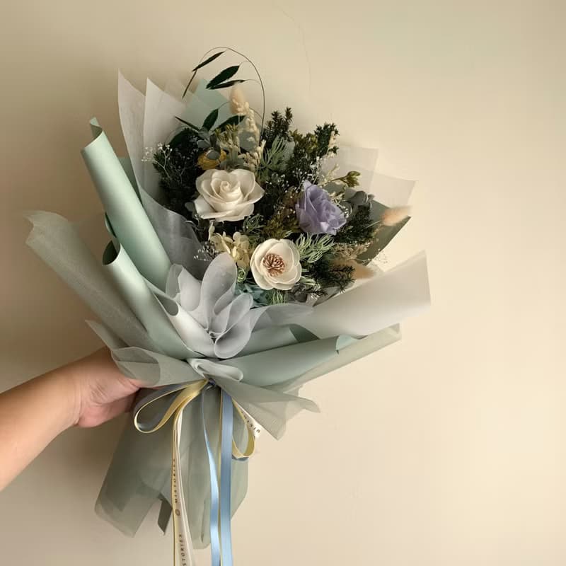莫內花園 霧藍綠色系永生花束
