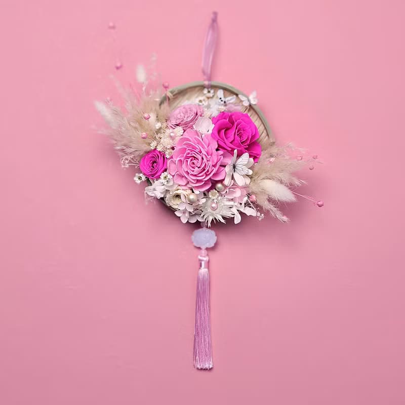 永生玫瑰花招福開運米篩掛飾-粉紅卯兔款