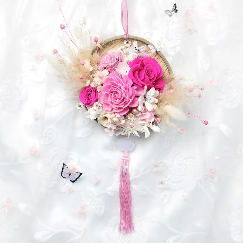 永生玫瑰花招福開運米篩掛飾-粉紅卯兔款