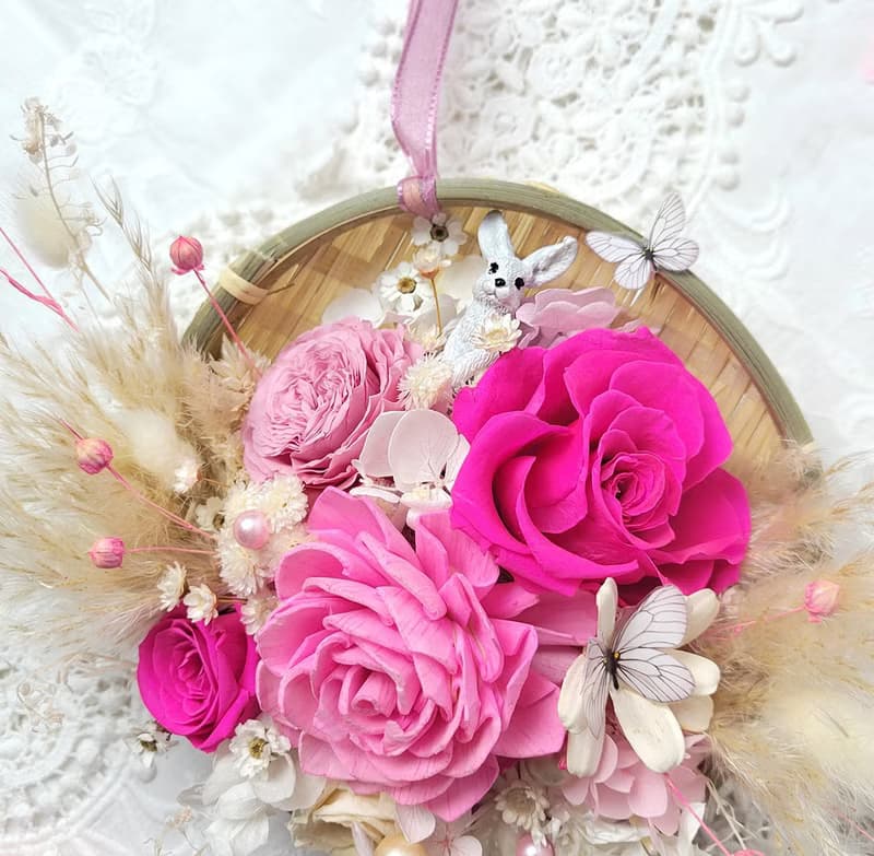 永生玫瑰花招福開運米篩掛飾-粉紅卯兔款