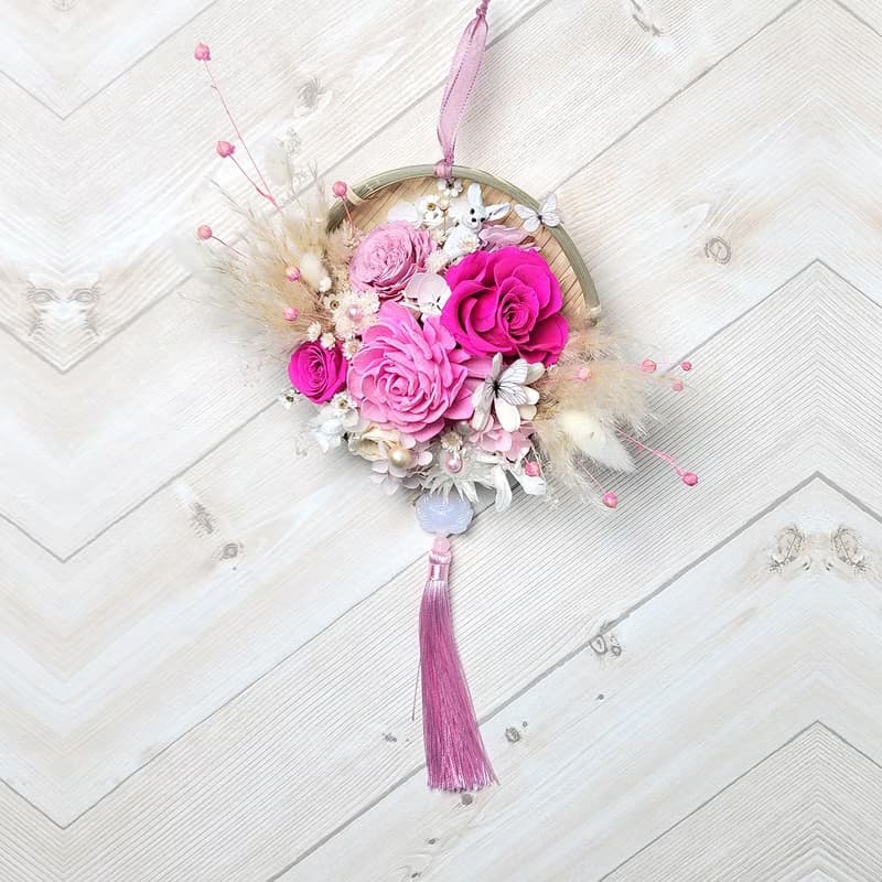 永生玫瑰花招福開運米篩掛飾-粉紅卯兔款