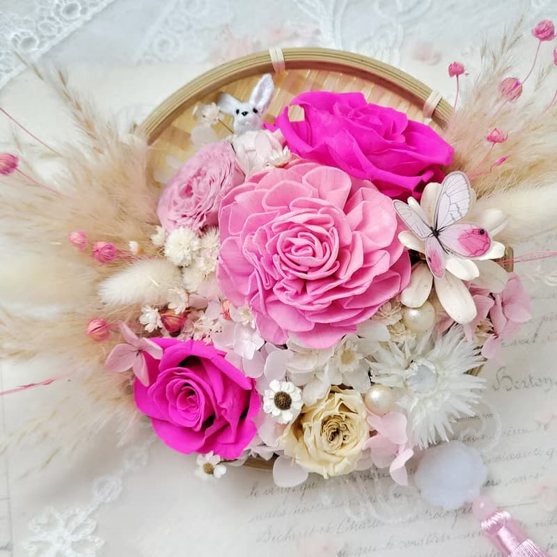 永生玫瑰花招福開運米篩掛飾-粉紅卯兔款