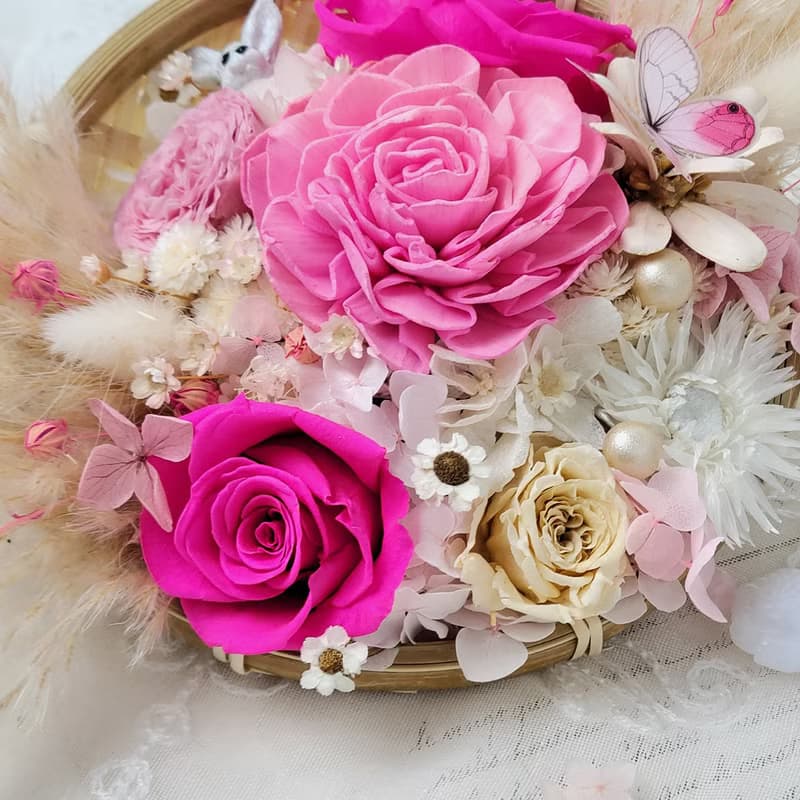 永生玫瑰花招福開運米篩掛飾-粉紅卯兔款