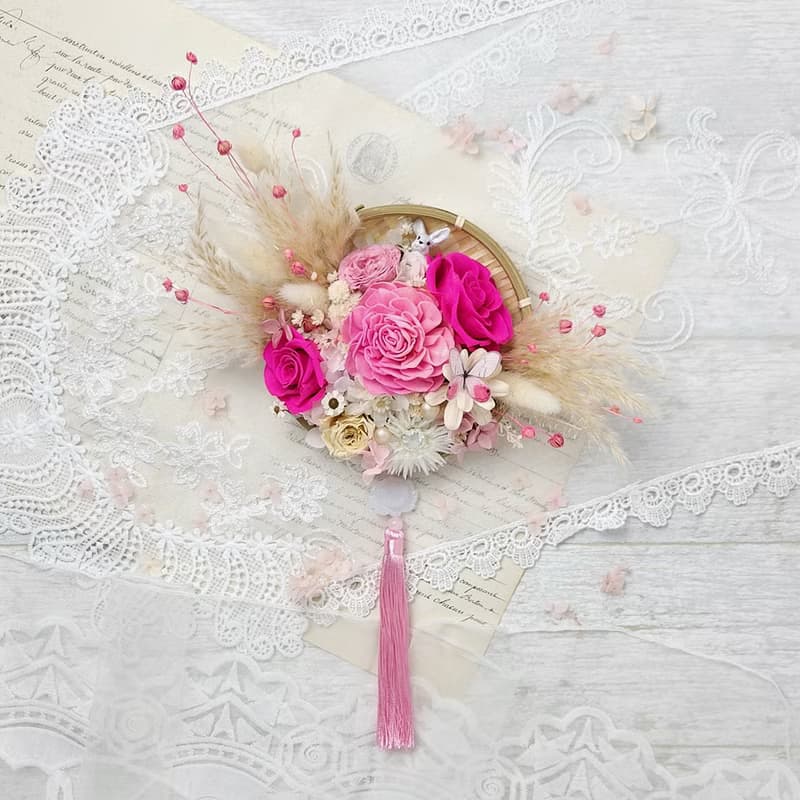 永生玫瑰花招福開運米篩掛飾-粉紅卯兔款