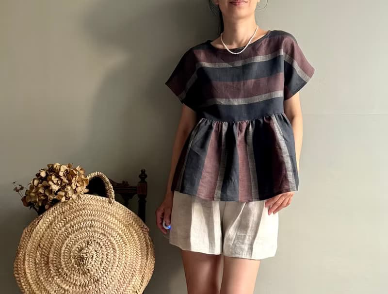 北非情緣/黑巧克力配色寬條紋義大利製亞麻短袖/蝙蝠袖荷葉上衣