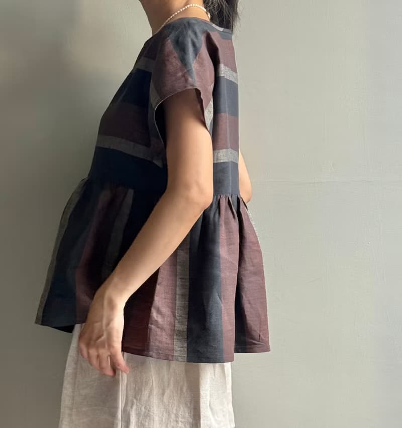 北非情緣/黑巧克力配色寬條紋義大利製亞麻短袖/蝙蝠袖荷葉上衣