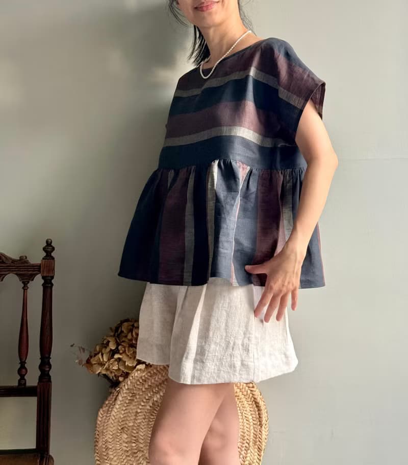 北非情緣/黑巧克力配色寬條紋義大利製亞麻短袖/蝙蝠袖荷葉上衣