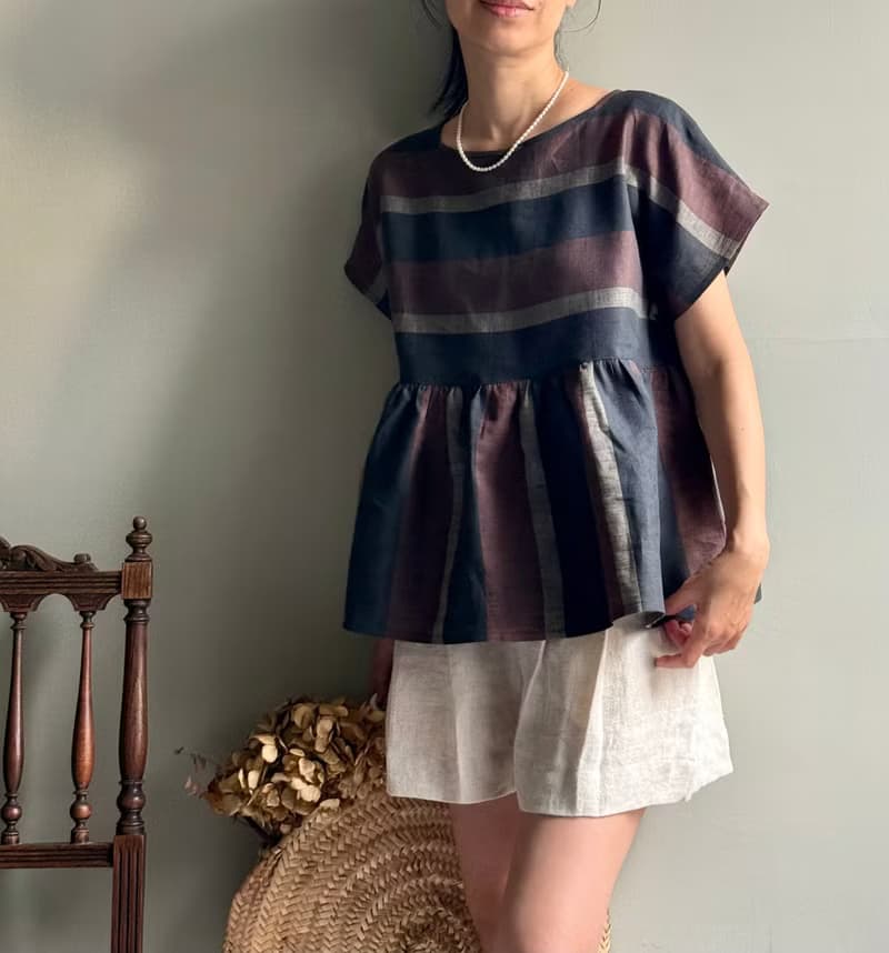 北非情緣/黑巧克力配色寬條紋義大利製亞麻短袖/蝙蝠袖荷葉上衣