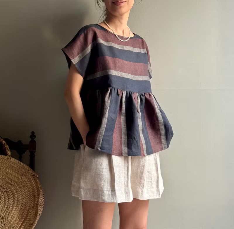 北非情緣/黑巧克力配色寬條紋義大利製亞麻短袖/蝙蝠袖荷葉上衣