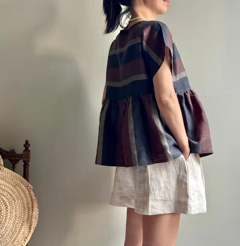 北非情緣/黑巧克力配色寬條紋義大利製亞麻短袖/蝙蝠袖荷葉上衣