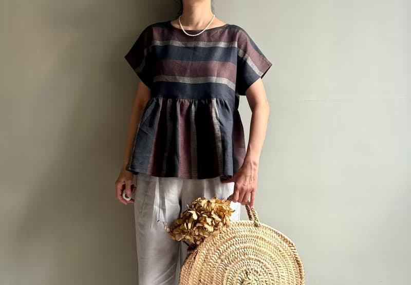 北非情緣/黑巧克力配色寬條紋義大利製亞麻短袖/蝙蝠袖荷葉上衣