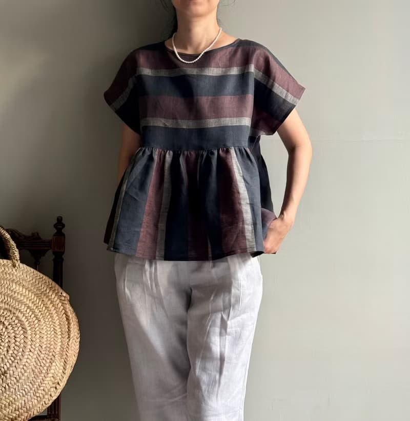 北非情緣/黑巧克力配色寬條紋義大利製亞麻短袖/蝙蝠袖荷葉上衣