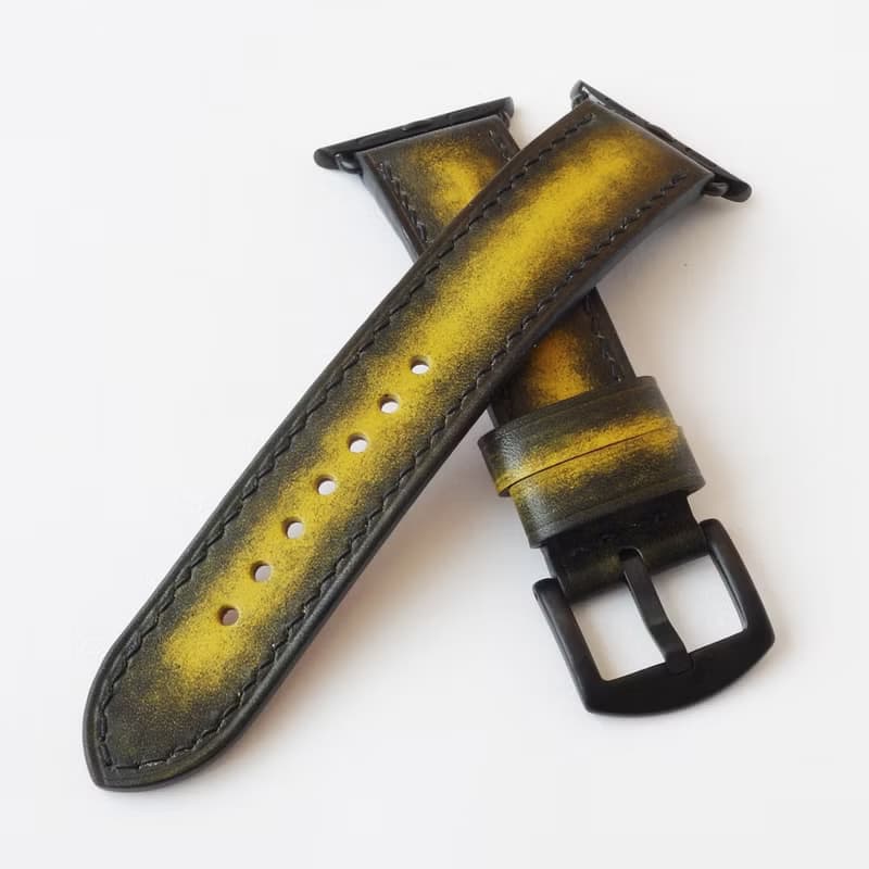 蘋果手錶表帶 黑色和黃色。真皮 純手工製作。任何尺寸