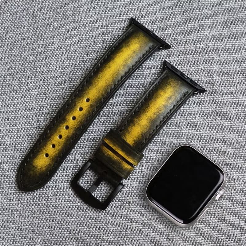 蘋果手錶表帶 黑色和黃色。真皮 純手工製作。任何尺寸