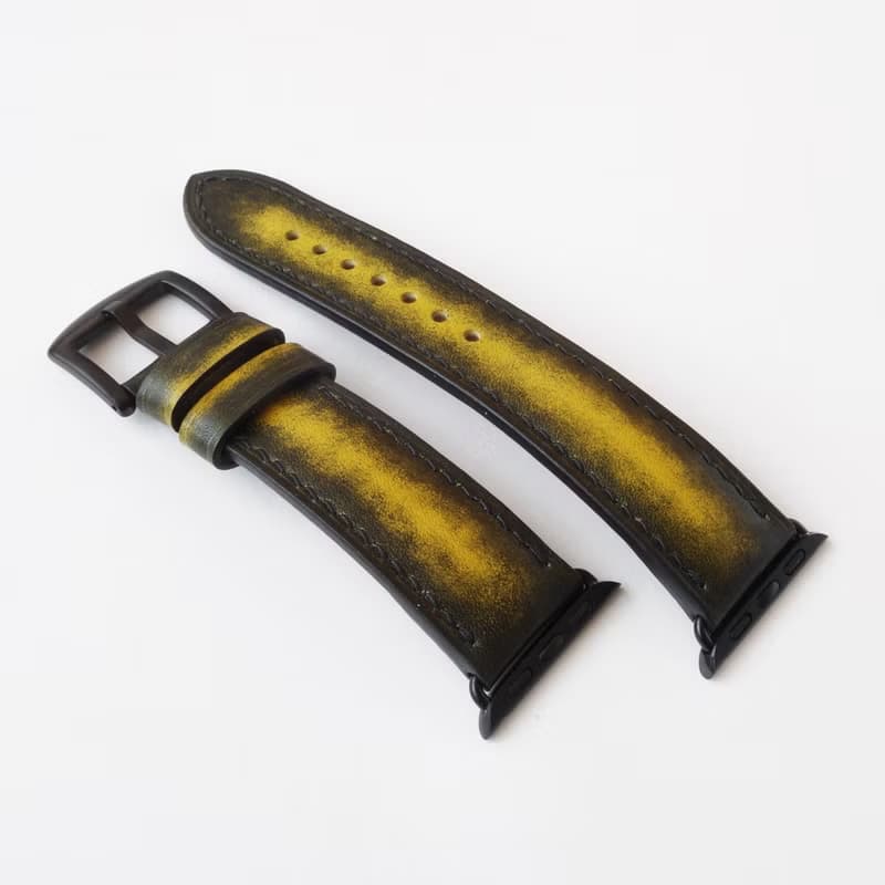 蘋果手錶表帶 黑色和黃色。真皮 純手工製作。任何尺寸