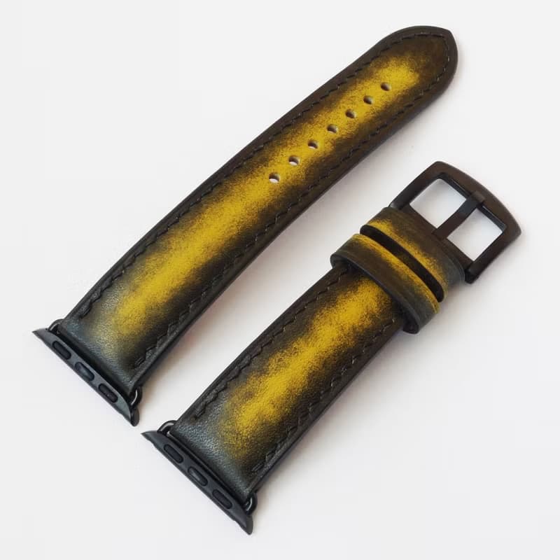 蘋果手錶表帶 黑色和黃色。真皮 純手工製作。任何尺寸