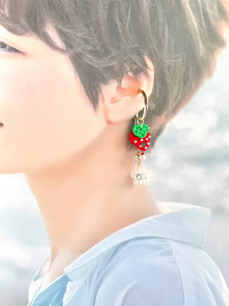 水引耳夾　草莓造型  梭編蕾絲花　紅白配色　雙面水鑽