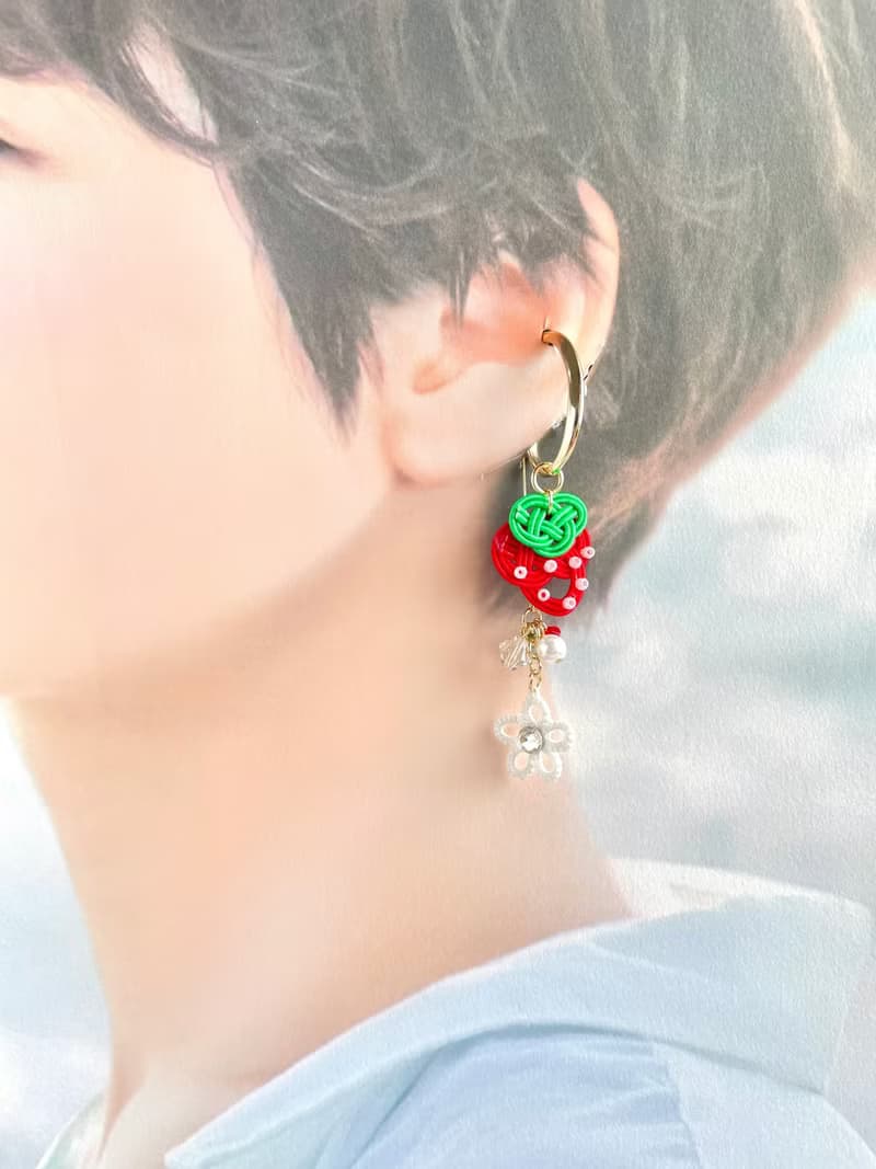 水引耳夾　草莓造型  梭編蕾絲花　紅白配色　雙面水鑽