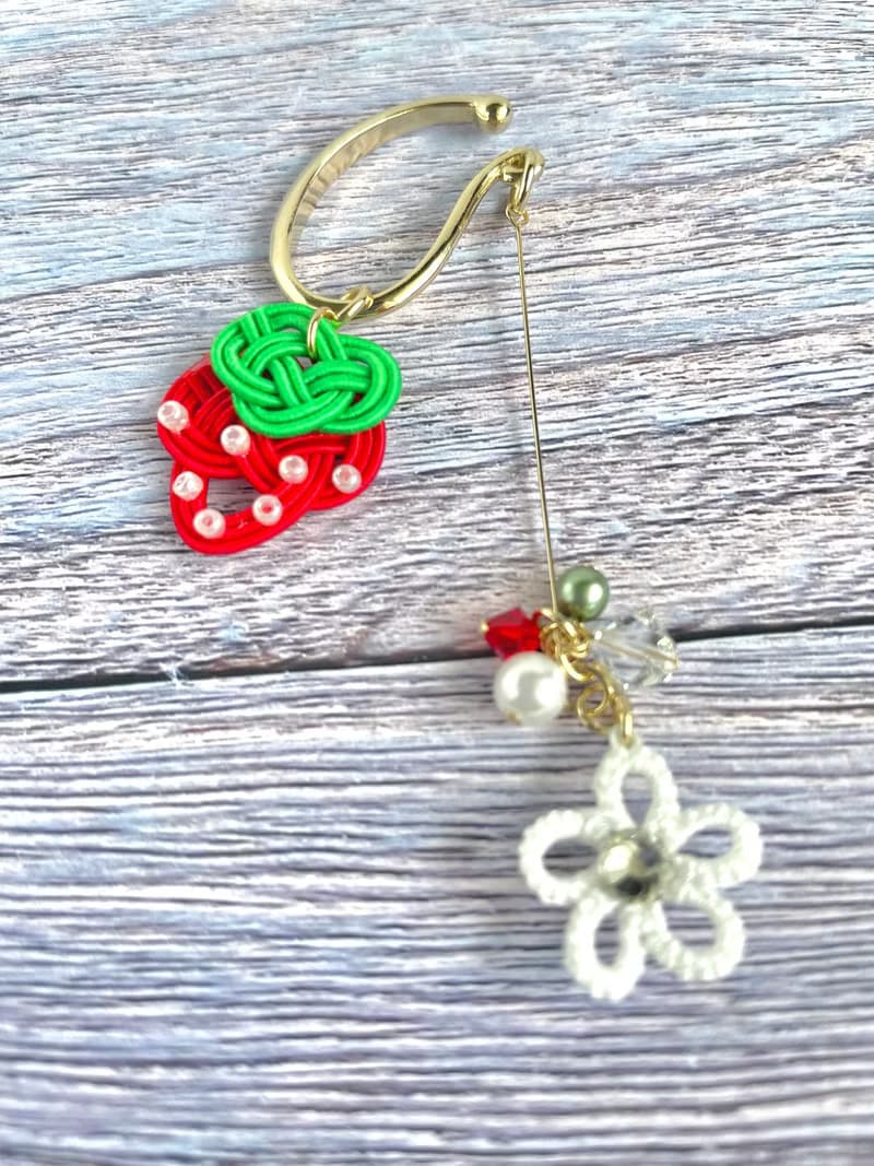 水引耳夾　草莓造型  梭編蕾絲花　紅白配色　雙面水鑽