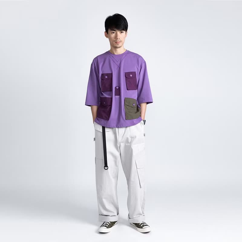 (絕版特惠)SUPIMA匹馬棉紫色戶外感立體多口袋寬松拼接七分袖T恤