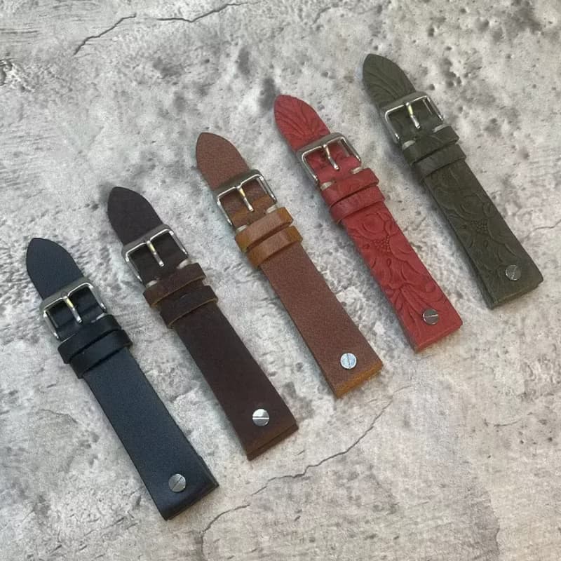 Timeless Watchband 螺絲扣 雕花紋真牛皮革錶帶 20MM 紅 墨綠