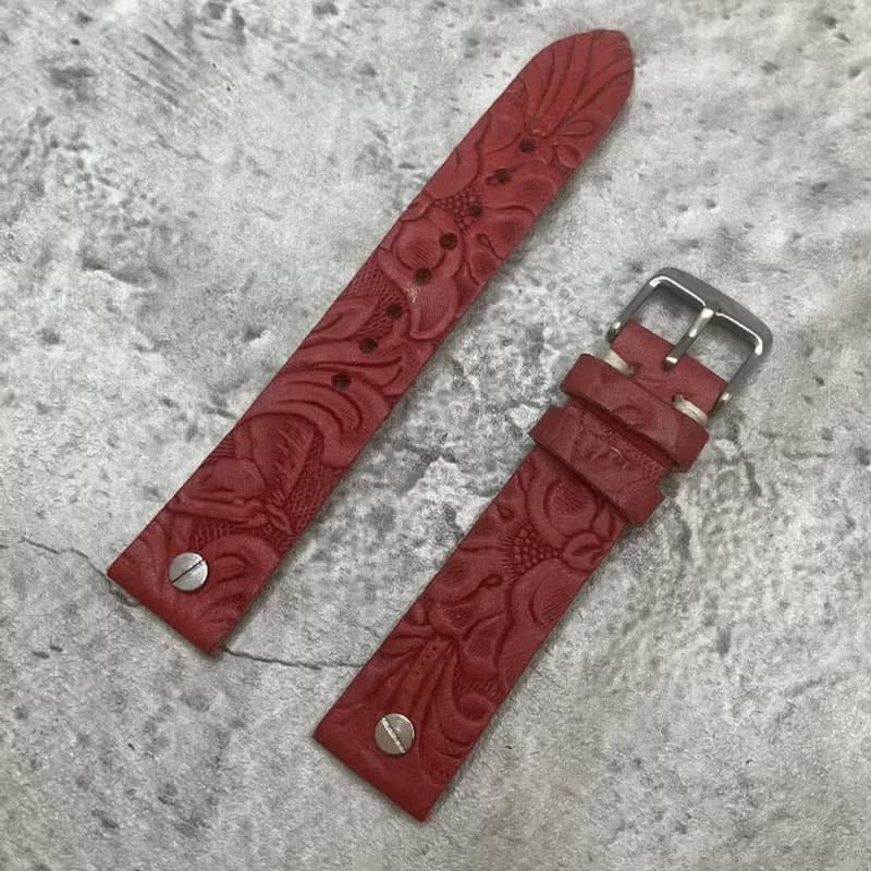 Timeless Watchband 螺絲扣 雕花紋真牛皮革錶帶 20MM 紅 墨綠