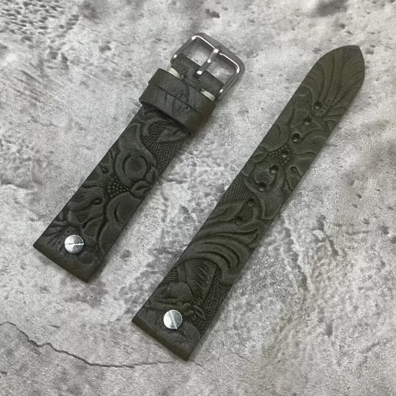 Timeless Watchband 螺絲扣 雕花紋真牛皮革錶帶 20MM 紅 墨綠