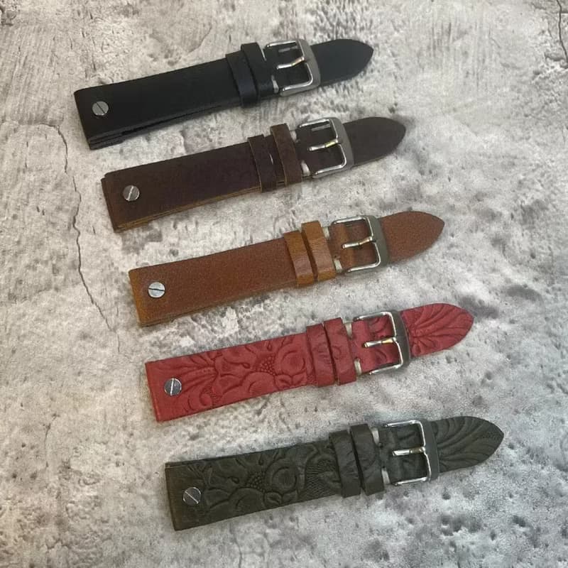 Timeless Watchband 螺絲扣 雕花紋真牛皮革錶帶 20MM 紅 墨綠