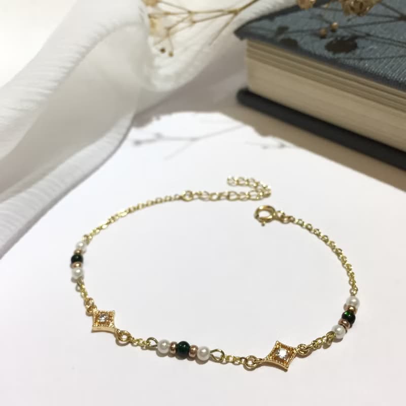 14K包金 天然綠砂石四芒星珍珠手鏈 手鍊 手環 14KGF