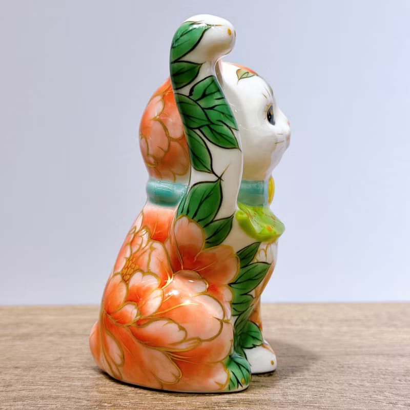 【福丹綻華】日本清水燒招財貓 | 色繪 - 白地 牡丹