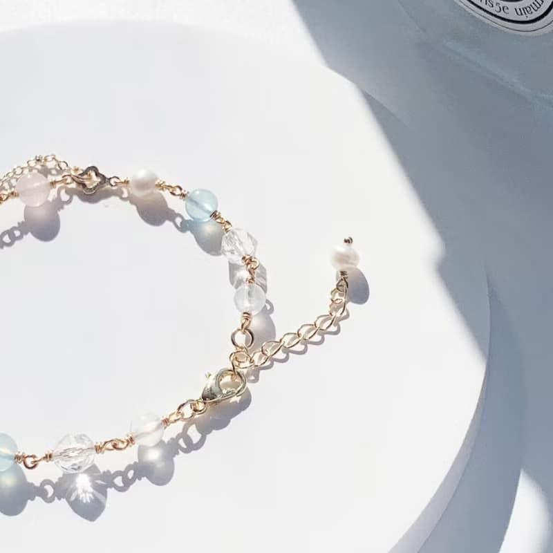 月光石 粉晶 海藍寶 鑽切白水晶 淡水珍珠 14k包金 天然水晶手鍊