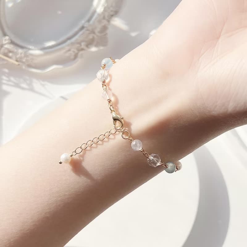 月光石 粉晶 海藍寶 鑽切白水晶 淡水珍珠 14k包金 天然水晶手鍊