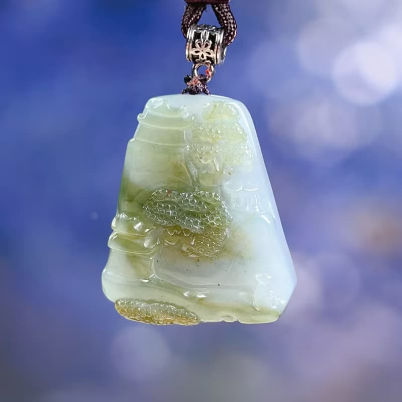 冰飄綠翡翠精雕文人山水牌項鍊 | 天然緬甸玉翡翠A貨 | 送禮
