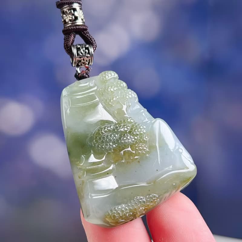 冰飄綠翡翠精雕文人山水牌項鍊 | 天然緬甸玉翡翠A貨 | 送禮