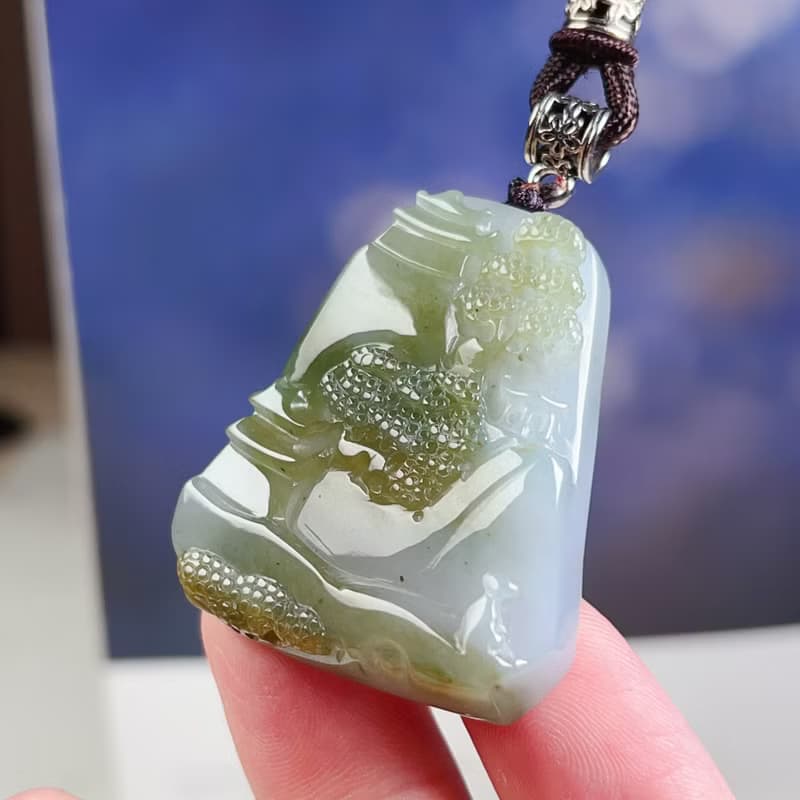 冰飄綠翡翠精雕文人山水牌項鍊 | 天然緬甸玉翡翠A貨 | 送禮