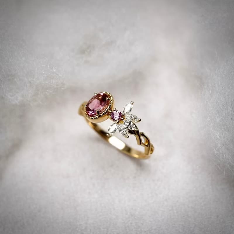 18K 叢林之花 - 粉紅碧璽 馬眼鑽戒 情人節粉色特別版
