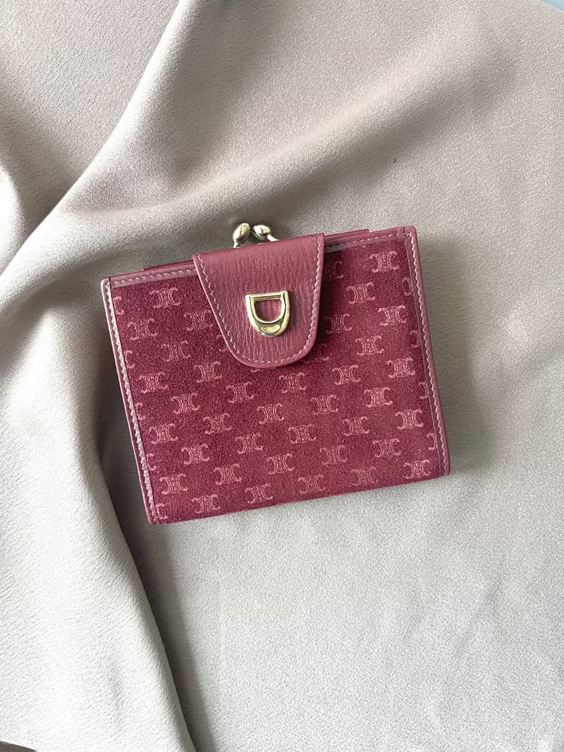Celine Triomphe wallet 稀有中古櫻桃暗紅色猄皮皮革短夾錢包
