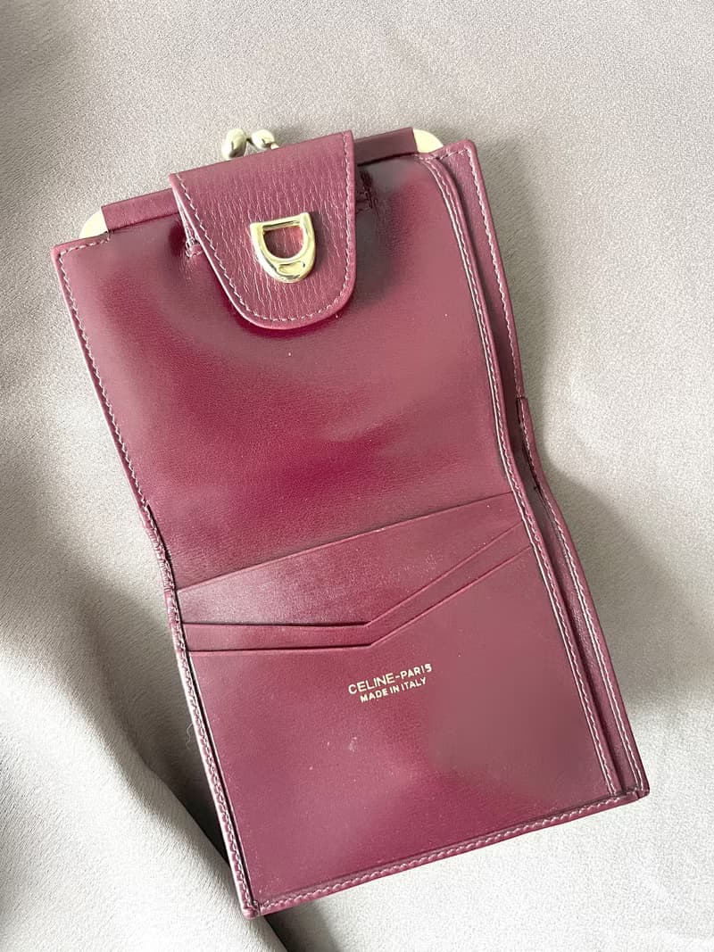 Celine Triomphe wallet 稀有中古櫻桃暗紅色猄皮皮革短夾錢包