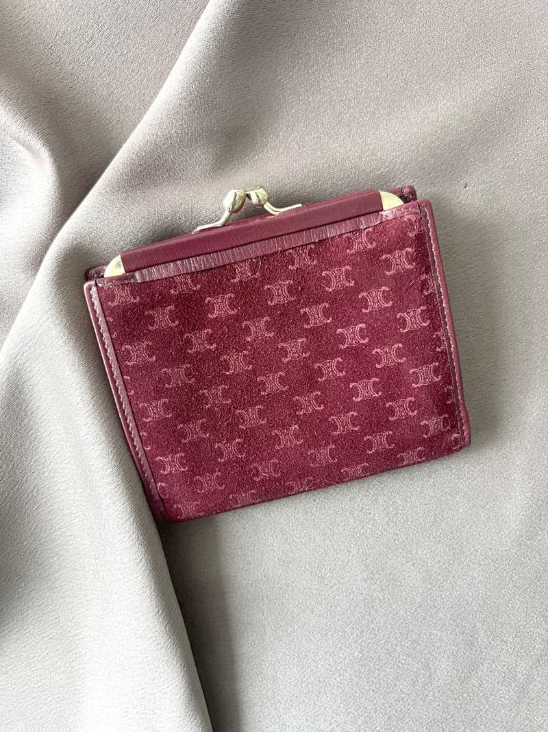 Celine Triomphe wallet 稀有中古櫻桃暗紅色猄皮皮革短夾錢包