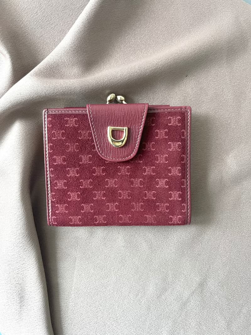 Celine Triomphe wallet 稀有中古櫻桃暗紅色猄皮皮革短夾錢包
