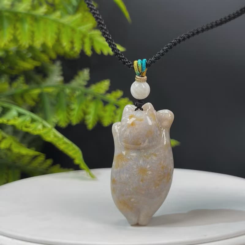 精品天然可愛胖貓珊瑚玉吊墜冰潤玉化檸檬片鳳尾紋冰灰藍底飄黃