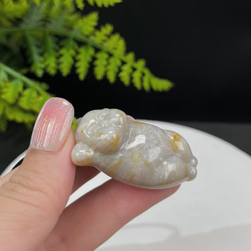 精品天然可愛胖貓珊瑚玉吊墜冰潤玉化檸檬片鳳尾紋冰灰藍底飄黃