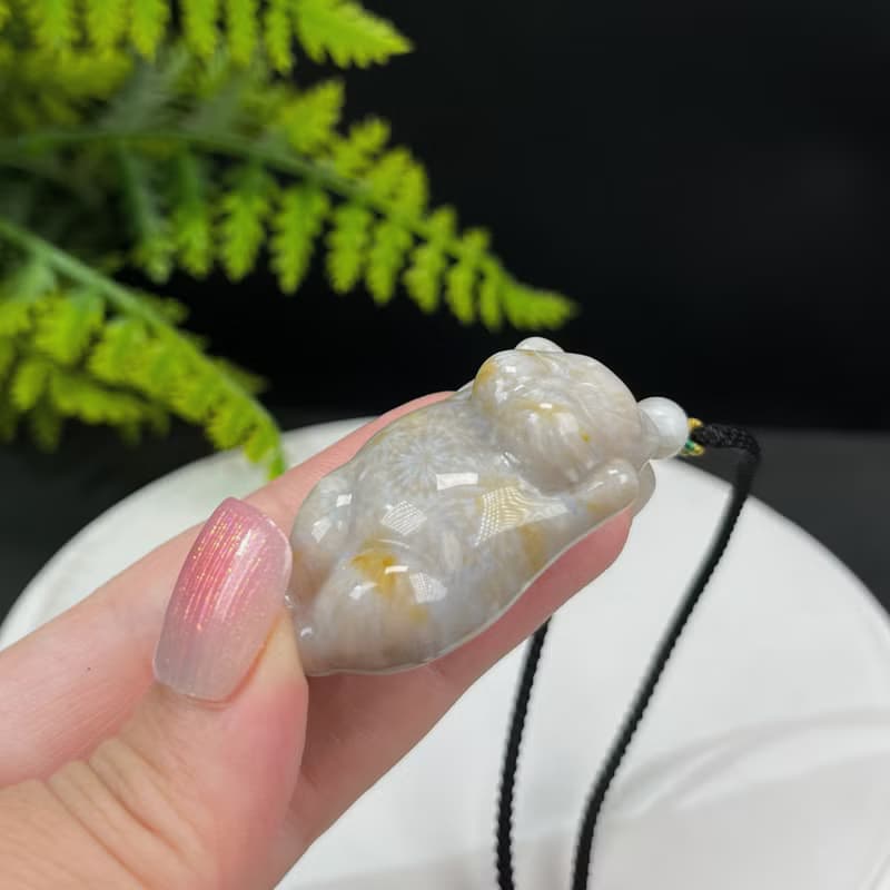 精品天然可愛胖貓珊瑚玉吊墜冰潤玉化檸檬片鳳尾紋冰灰藍底飄黃