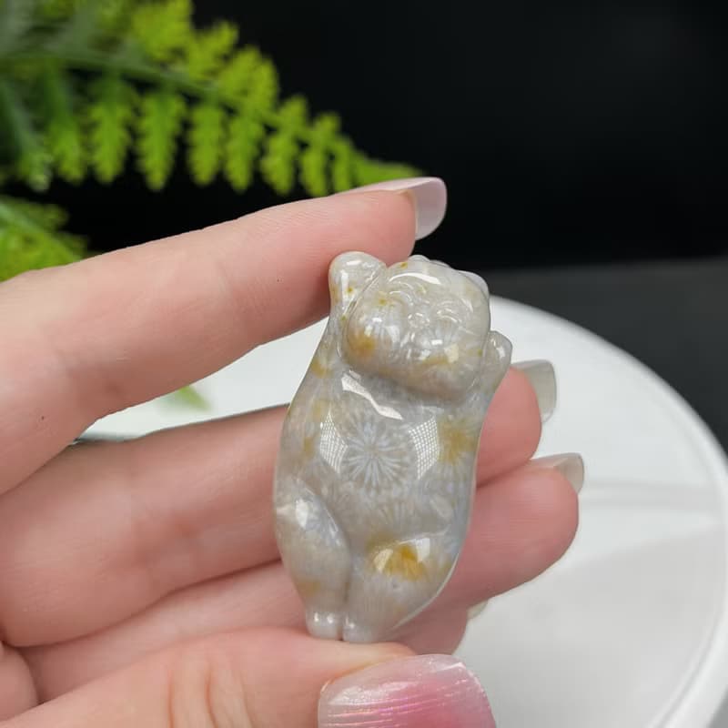精品天然可愛胖貓珊瑚玉吊墜冰潤玉化檸檬片鳳尾紋冰灰藍底飄黃
