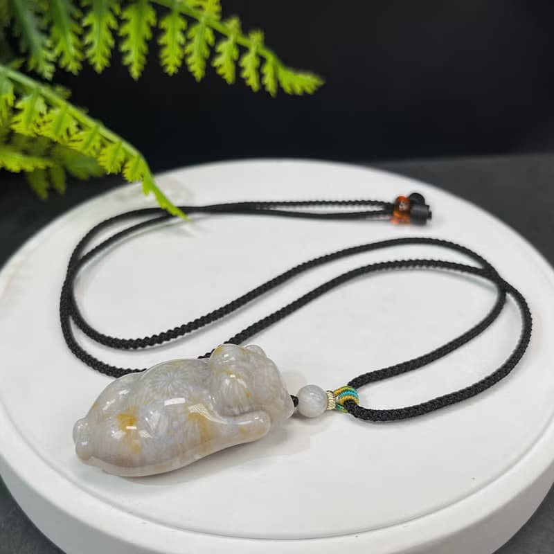 精品天然可愛胖貓珊瑚玉吊墜冰潤玉化檸檬片鳳尾紋冰灰藍底飄黃