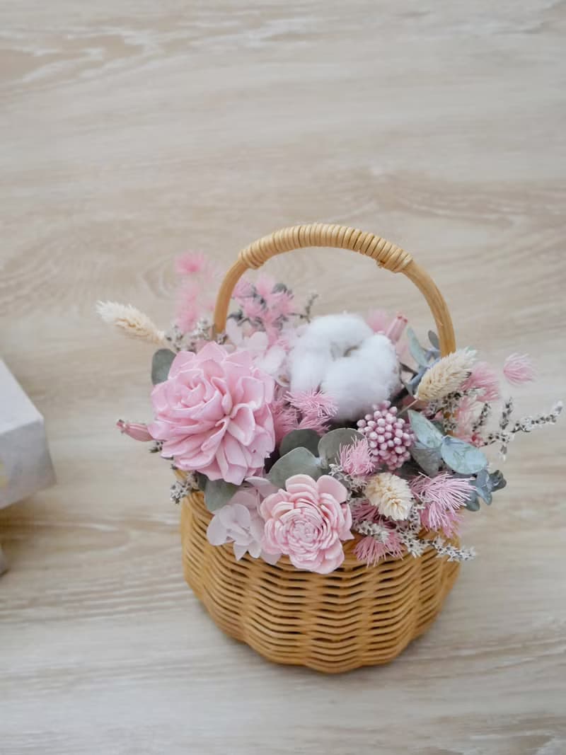 小型乾燥花提籃花【春暖】乾燥花盆花/開幕/生日/入厝